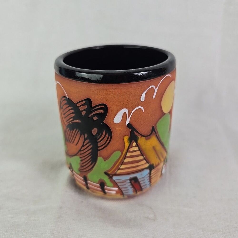 Mexican folk art Glazed clay pottery mug hand Made Beach Ocean Fish vintage